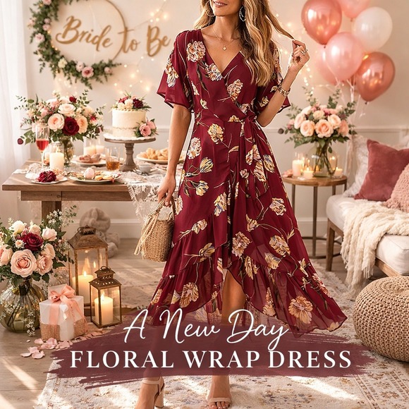 a new day Dresses & Skirts - A New Day Womens Burgundy Floral Wrap High-Low Ruffle Midi Dress Large L Garden